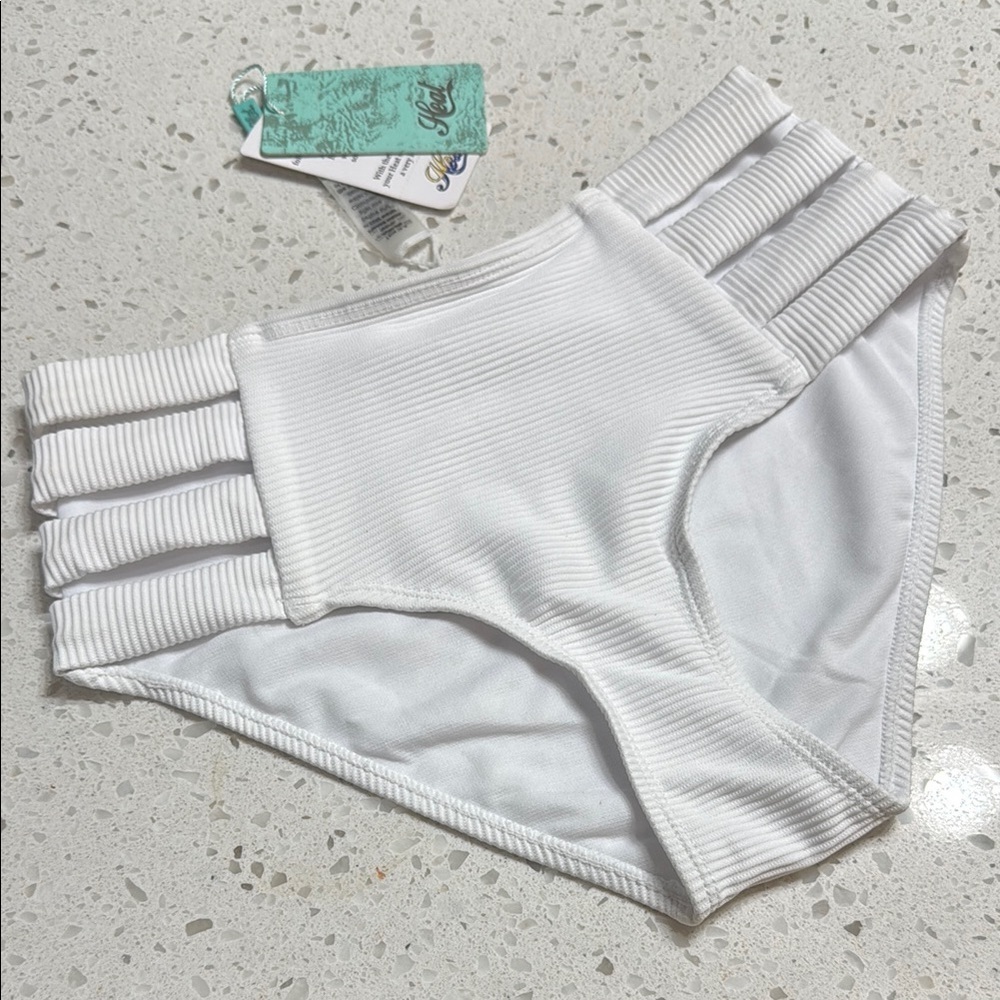 NEW White Ribbed High-Waisted Bikini Bottoms SZ S wedding bachelorette beach
